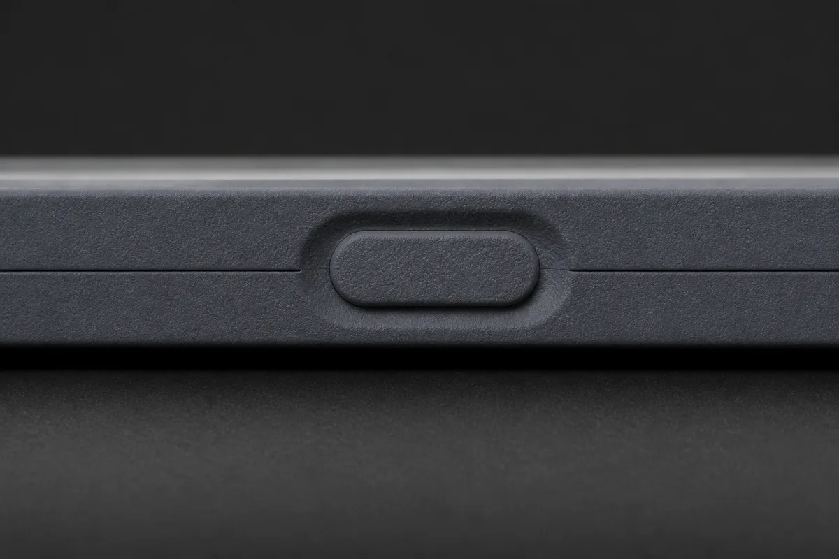 Macro concept of the recessed side button, enclosure seam and graphite texture