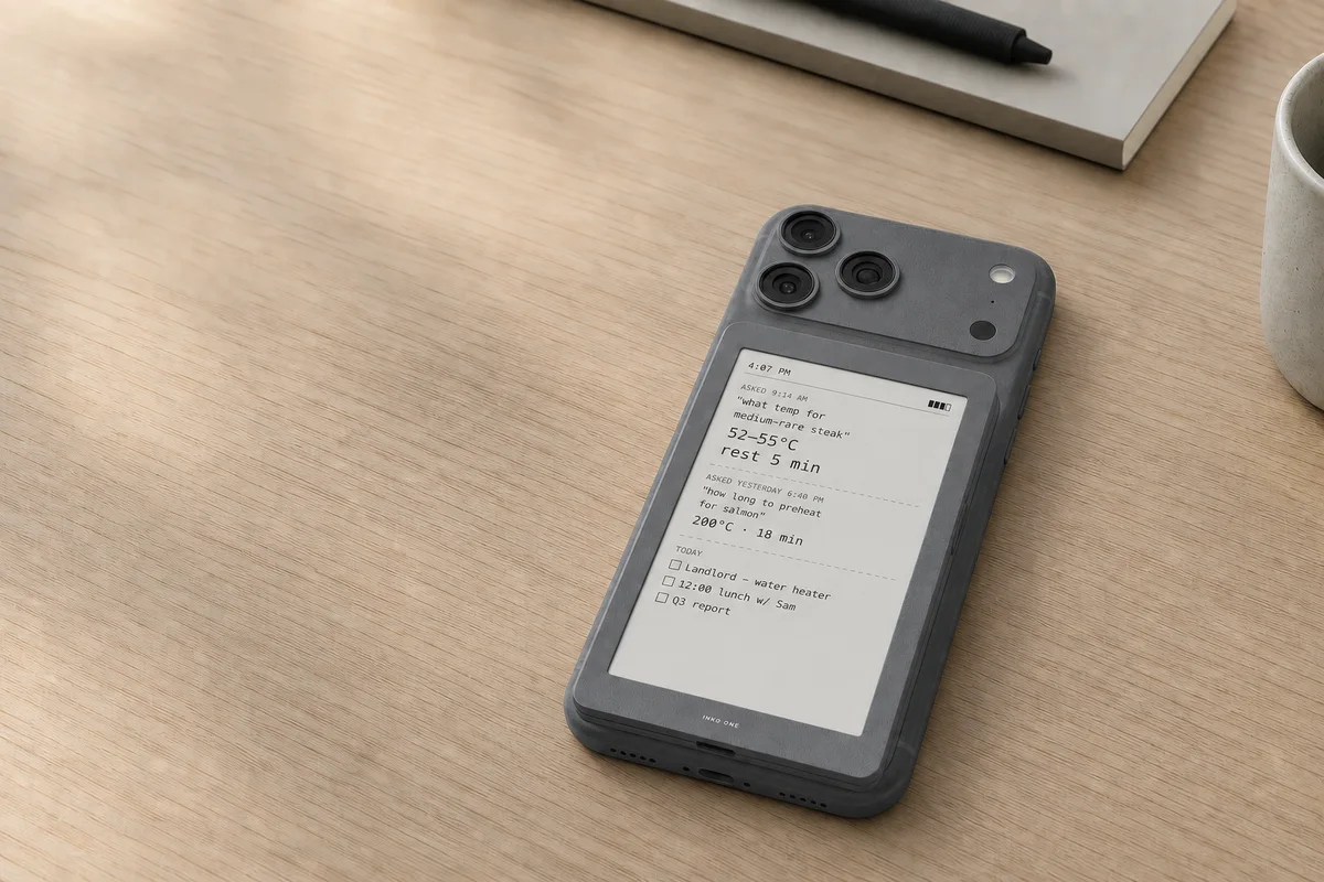 Concept of INKQ attached to a phone on a pale oak desk