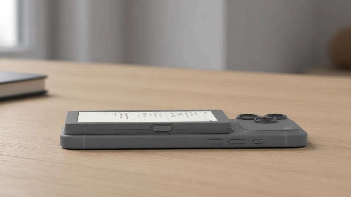 Low-angle concept showing how INKQ sits against the back of a phone