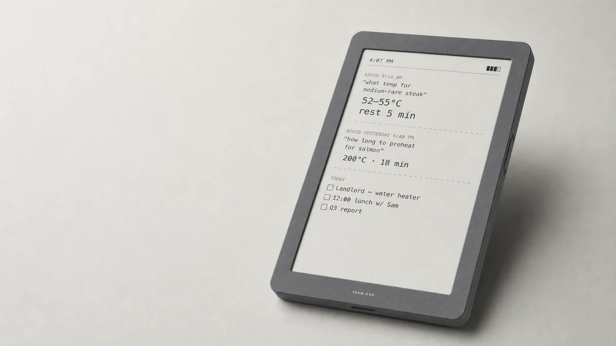 Three-quarter concept view of the graphite INKQ One body and e-paper screen