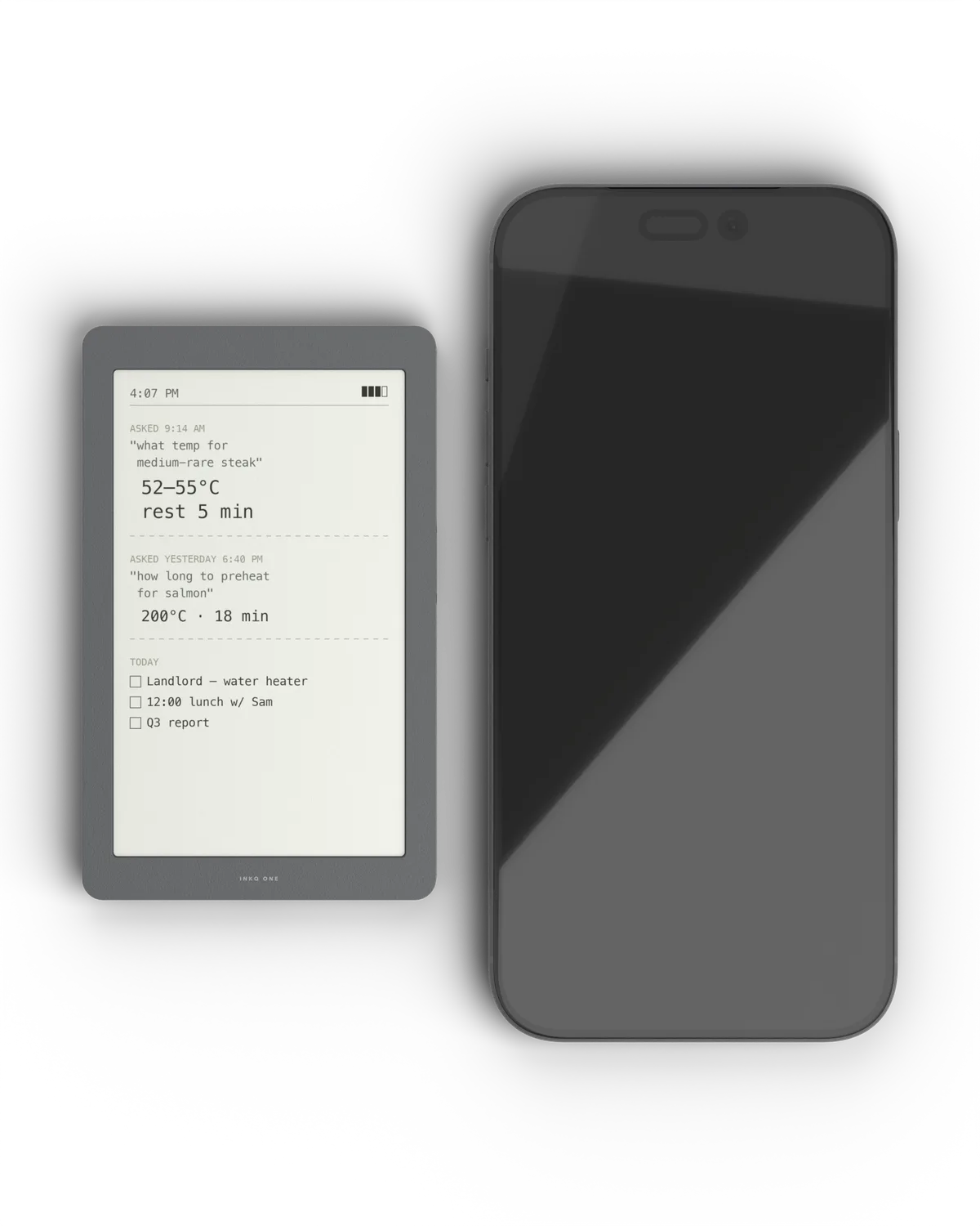Original 3D render comparing the design proportions of INKQ One and a phone