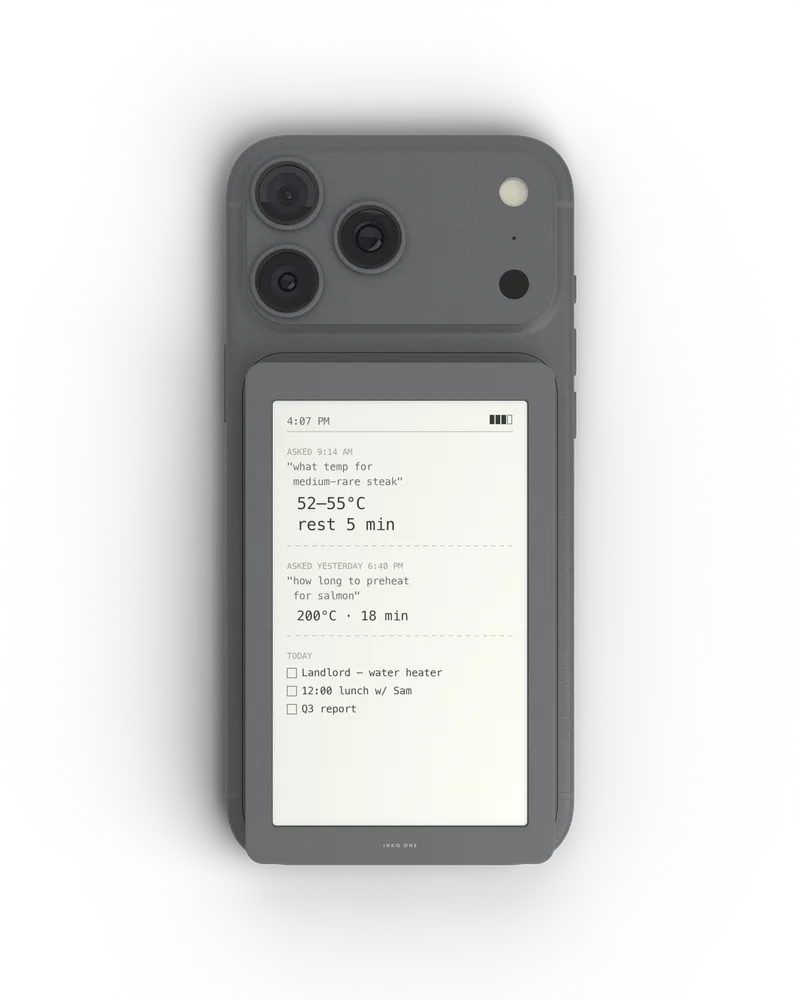 Top 3D model view of INKQ One attached to the back of a phone